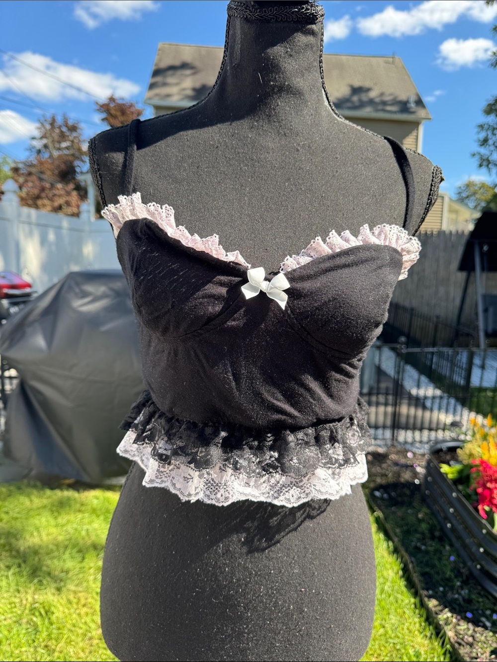 Black Lace-Trimmed Camisole with White Bow